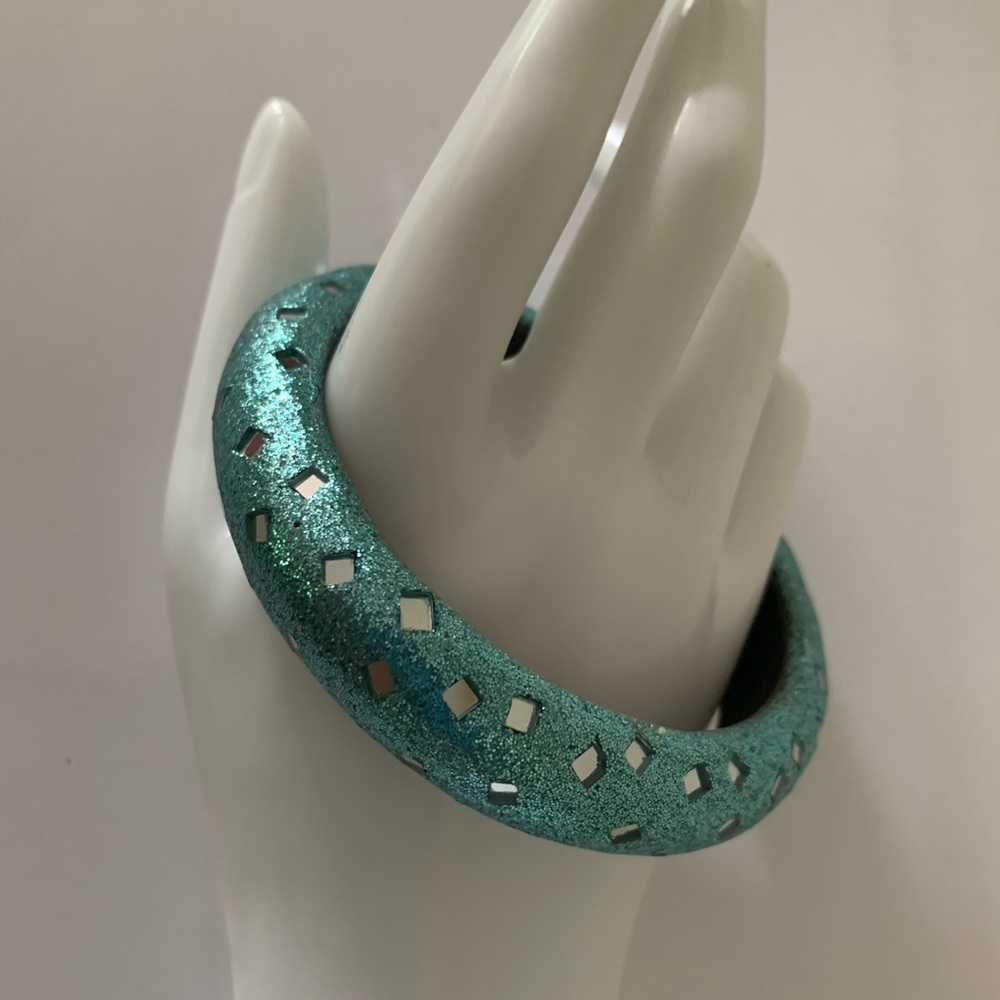 Turquoise Bangle Wrist Bracelet with 83 Mirror Silver Cuts Slip On